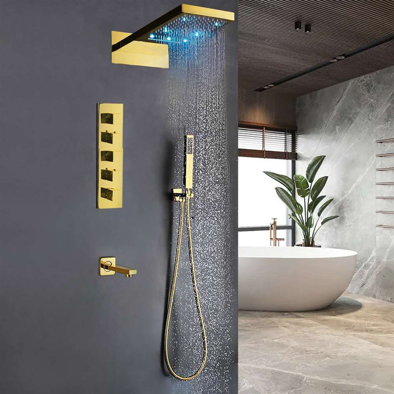 Créteil Gold LED Waterfall Shower Set with Ceiling Mount and Mixer Valve