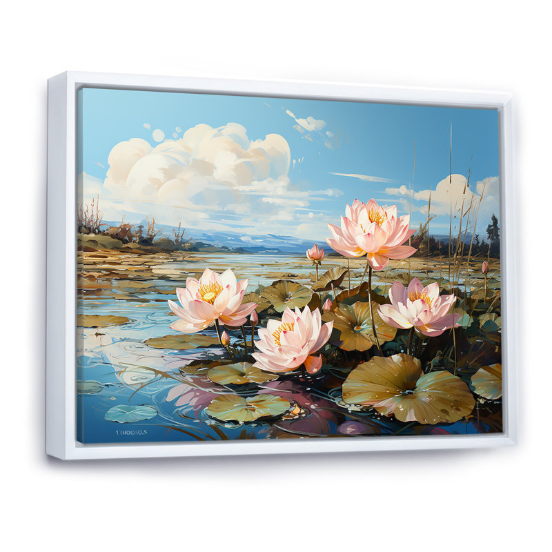 «By The Lake Lotus», impression sur toile, Cadre flottant blanc, H 24 po x l 32 po x P 1 po