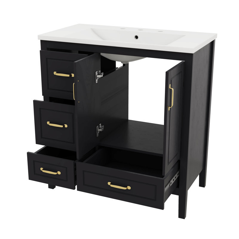 36 Inch Chic And Graceful Bathroom Vanity With A Sink One Soft Closing Cabinet And 4 Soft Closing Drawers, Black