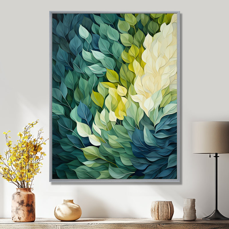 «Leaves Green River Collage», reproduction d'art sur toile encadrée, H 20 po x l 12 po x P 1 po, Cadre argenté flottant