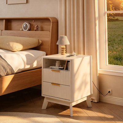 18" Modern Fluted Nightstand with Charging Station, Curved Profile Side Table with 2 Drawers, Multi-Functional End Table for Bedroom & Living Room, White