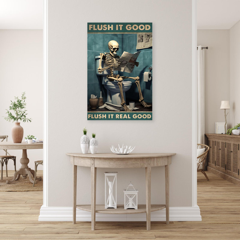 «Skeleton In Toilette Flush It Good», impression sur toile, H 36 po x l 24 po x P 1,25 po
