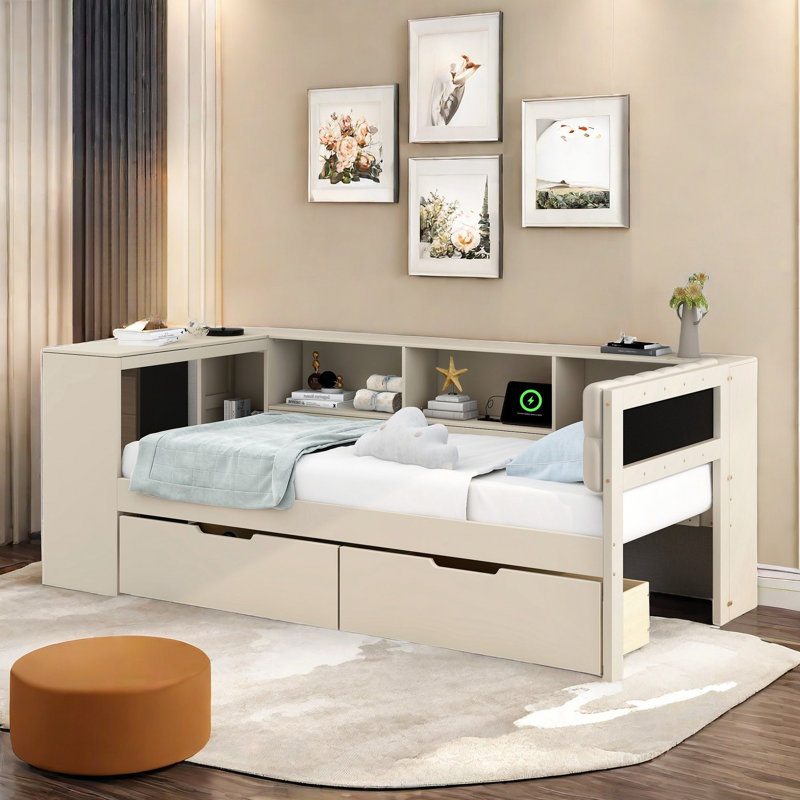 Lit moderne avec tablettes de rangement, 2 tiroirs, station de charge, bureau d'étude et tête de lit tapissier, Lit simple