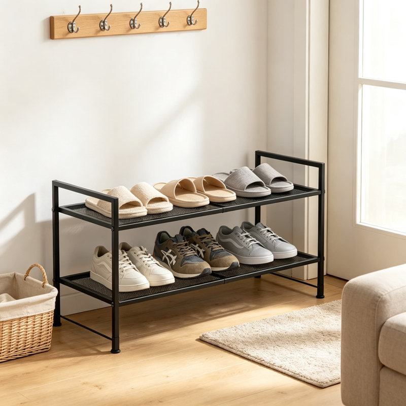 Étagère à chaussures empilable en maille avec structure métallique robuste, organisateur à deux niveaux pour entrée et placard, solution de rangement gain de place