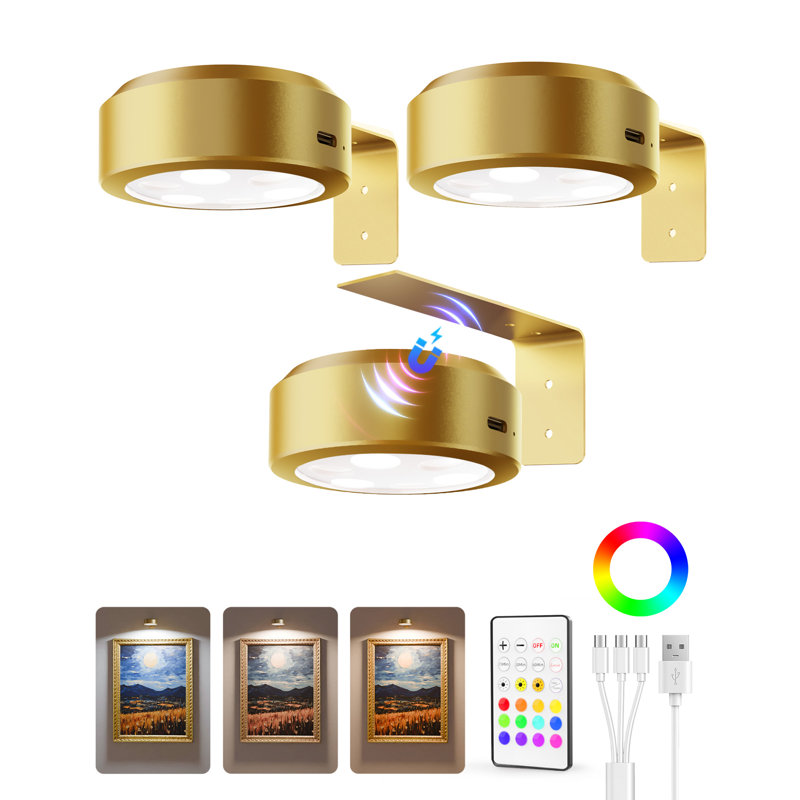 3 Packs Led Wall Mounted Light Wireless With Remote, Gold