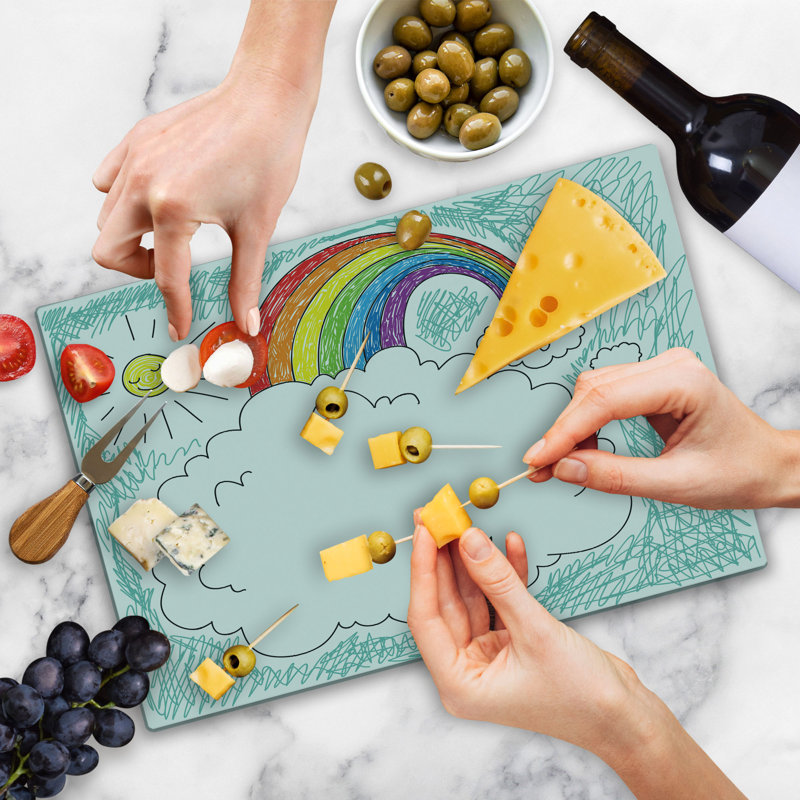 Ambesonne Cartoon Cutting Board Large Size Drawn Rainbow Sun Multicolor