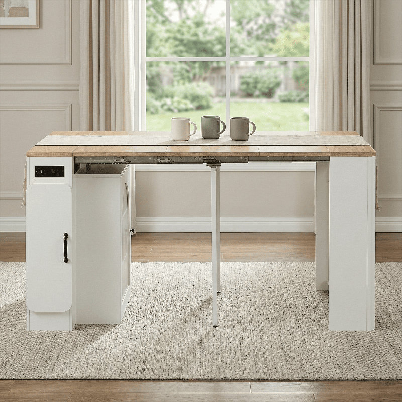 Convertible Dining & Island Table With LED Lighting And Charging Ports, Hidden Storage, White/Brown