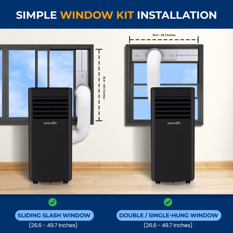Climatiseur compact portatif Serenelife SLPAC19B 10 000 BTU-3-en-1 pour une pièce jusqu'à 320 Pi. - Unité CA à plancher avec télécommande - Roulettes universelles, ensemble de fixation de fenêtre, noir