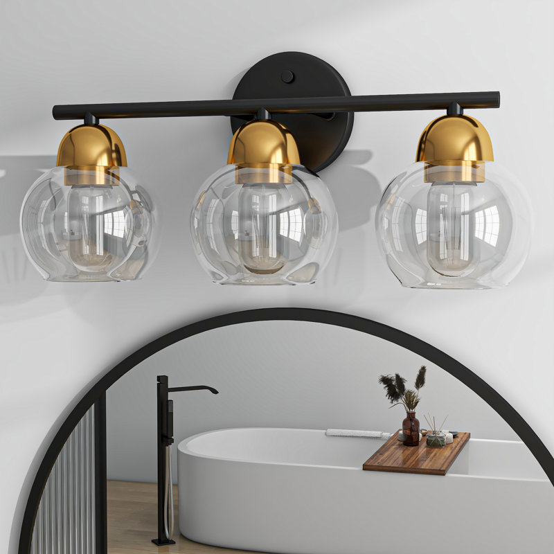 Éclairage pour salle de bain Daryll, Transparent, Noir mat / Or, Trois lumières