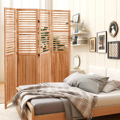 Paravent en bois massif 4 pliant, l 55,2 po x P 65 po, finition naturelle, charnières en métal pour une manipulation et un pliage pratiques, rehausse la cloison de décoration intérieure, la couleur, la manipulation simple,