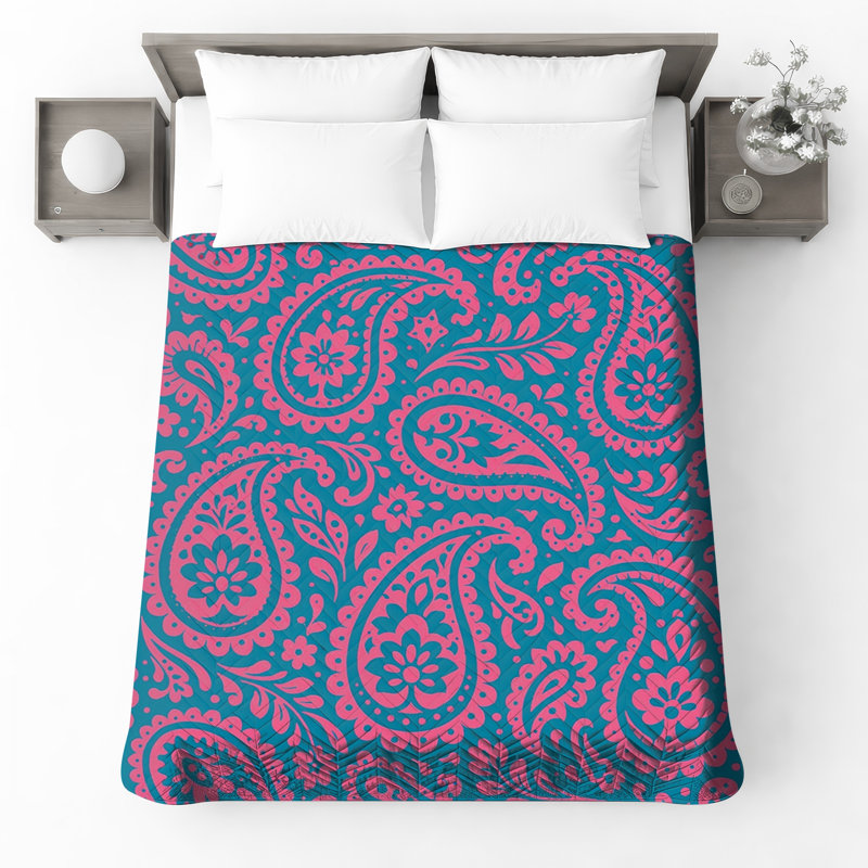 Pink Blue Paisley Pattern Quilted Bedspread All Sizes, King