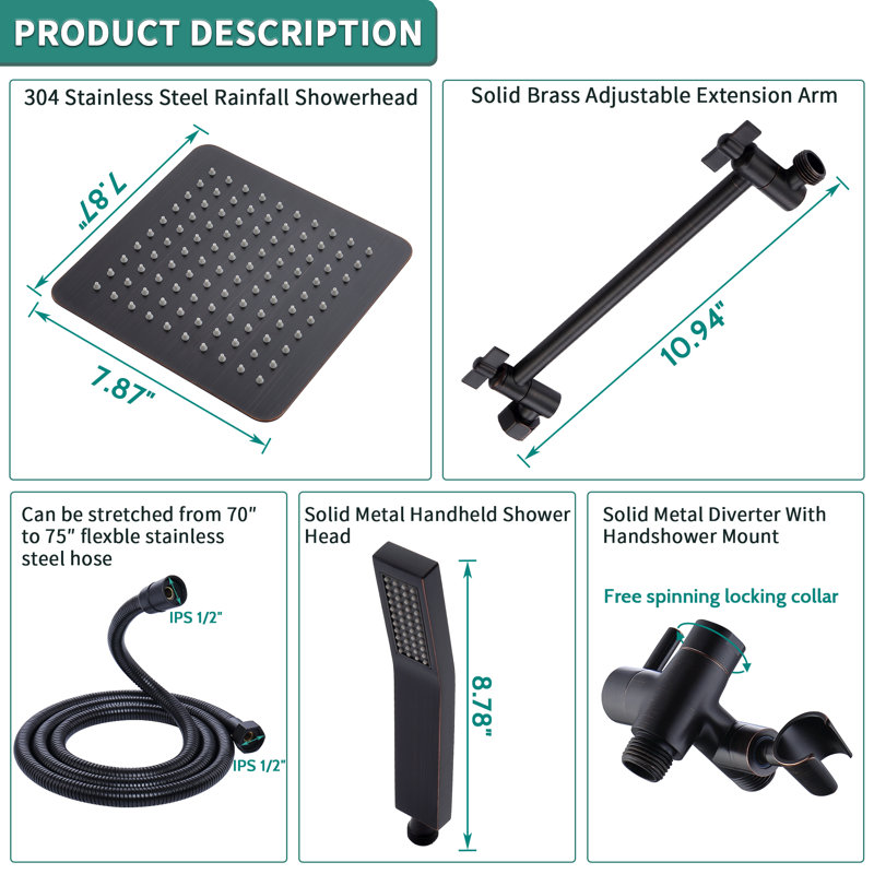 8 Inch Extra Large Rainfall Shower Head Swivel Extension Arm With Handheld Spray, Oil Rubbed