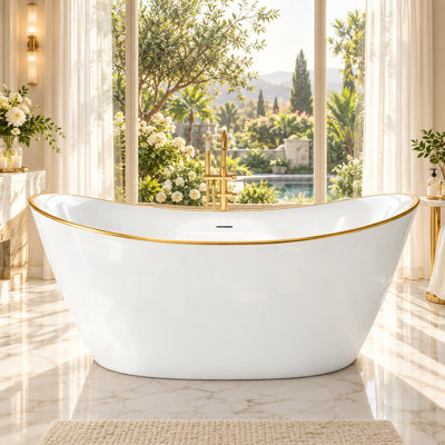 55" Modern Double Slipper Freestanding Acrylic Soaking Bathtub, Glossy White Deep Tub with Gold Accent Rim, Center Drain and Ergonomic Curved Design for Contemporary Bathroom