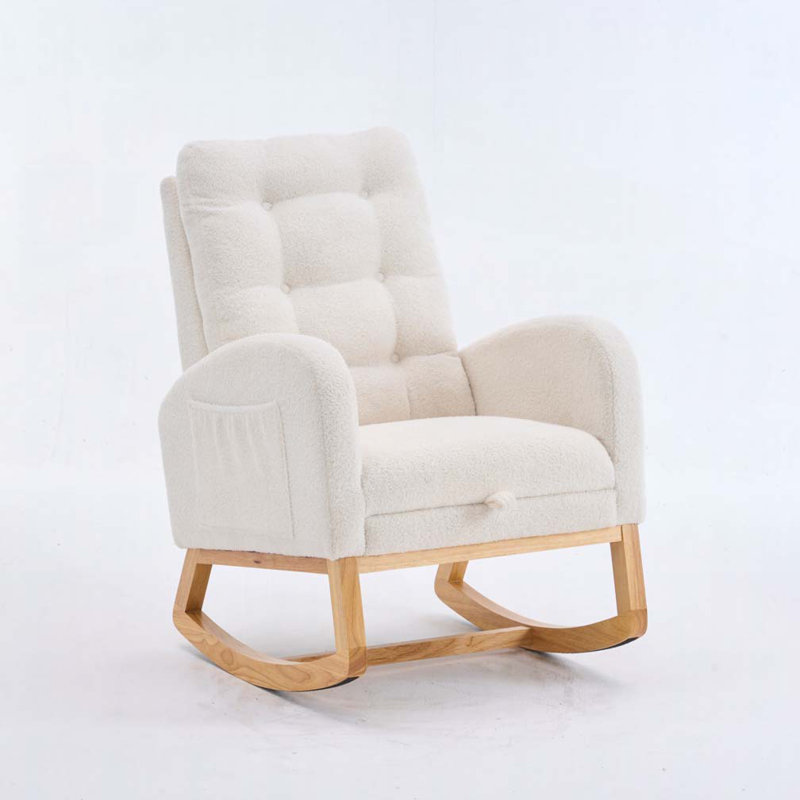 Chaise berçante en peluche à haut dossier avec repose-pieds | Méridienne en bois d'hévéa pour salon, l 38,4 po x P 26,8 po x H 39,8 po