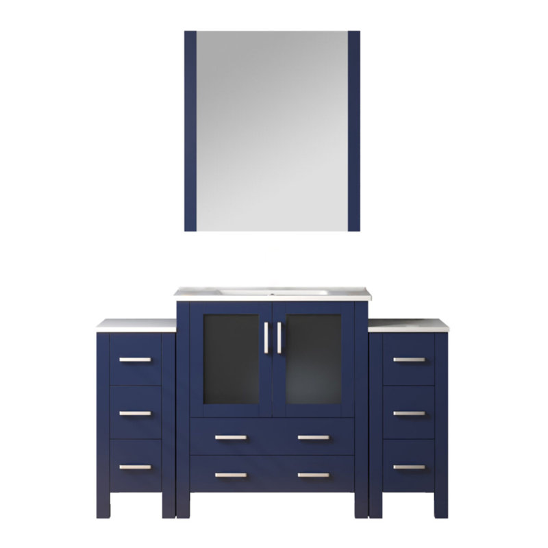 Meuble-lavabo bleu marine l 54 po x P 18,25 po avec armoires latérales, plateau en céramique blanche et miroir de 28 po