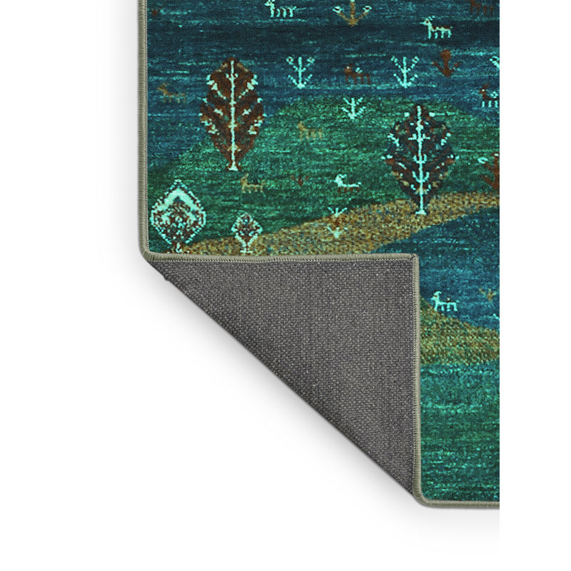 Tapis bleu / vert foncé en laine et en polyester tissé à la machine Eklavya, Rectangle 5 pi x 7 pi