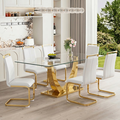 Modern 63" Rectangular Tempered Glass Dining Set with Pedestal Base and Faux Leather Chairs