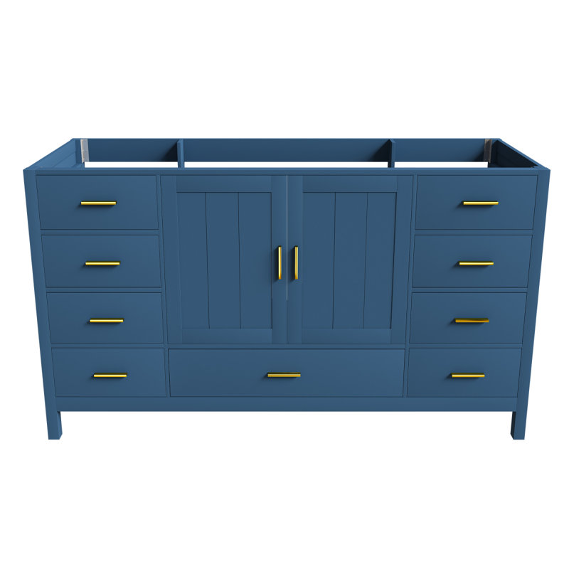 Meuble-lavabo de salle de bain de 60 pouces avec 2 portes doubles à fermeture douce, 1 grand tiroir, 6 petits tiroirs et 2 petits compartiments de rangement rabattables (bleu)