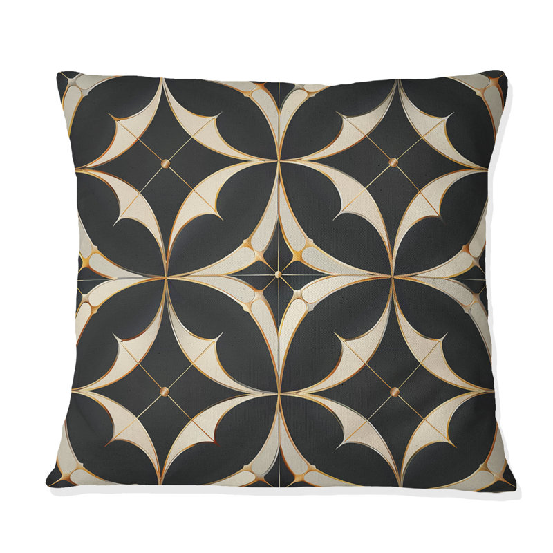 Coussin décoratif doré à carreaux noirs I, H 16 po x l 16 po