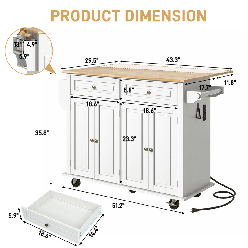 51" Movable Kitchen Island with Drop Leaf and Power Outlet, Rolling Island Cart with Rubber wood Countertop, Island Table on Wheels for Kitchen w/2 Drawers, Spice Rack, Towel Bar, Adjustable Shelves