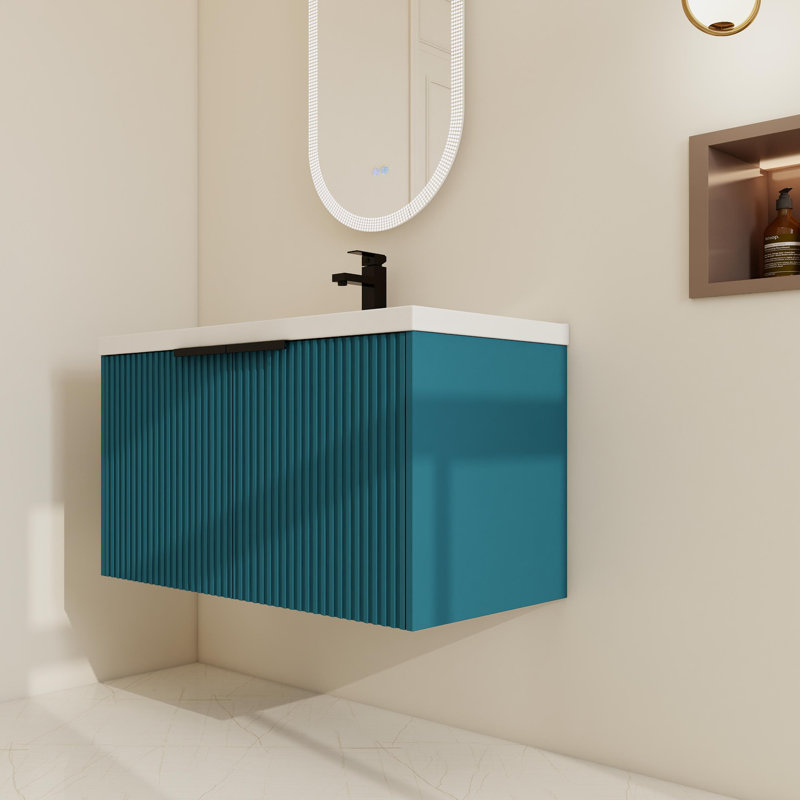 36" Wall-Mounted Single Bathroom Vanity Set with Resin Top, Blue