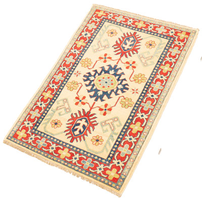 Tapis décoratif en laine de conception unique rouge/beige noué à la main New Age 3 pi 2 po x 4 pi 11 po Borgar
