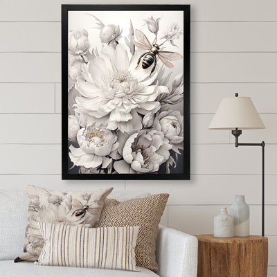 White Buzzing Bees Flowers 2 - Insects & Bugs Wall Art