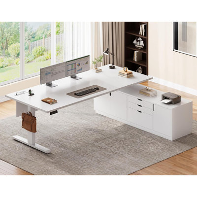 Bureau de direction électrique en L Executive, bureau de direction réglable en hauteur de 71 po x 55,1 po