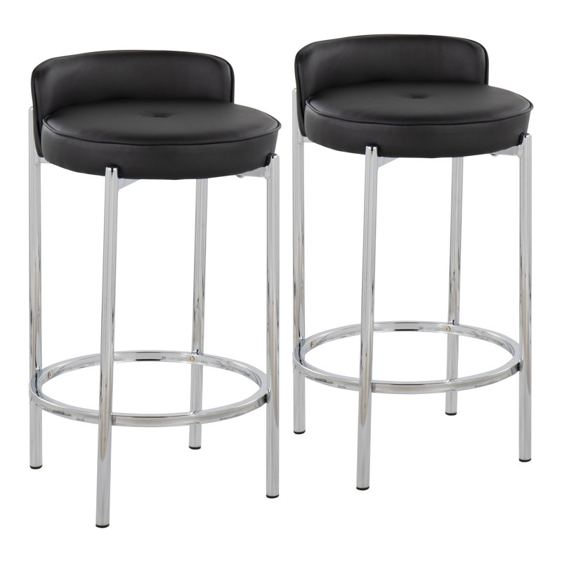 Suveer 25.5'' Faux Leather Counter Stool, Black Faux Leather, Chrome Finish