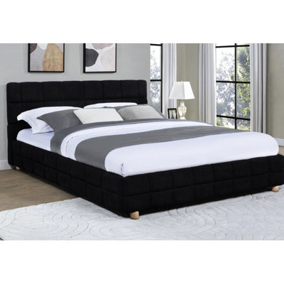 Grand lit plateforme moderne noir avec tête de lit en tissu d'ameublement polaire - tête de lit, bois pour une utilisation à long terme, structure et quincaillerie, installation simple et profil bas en bois franc d'ingénierie, utilisation dans la chambre à coucher