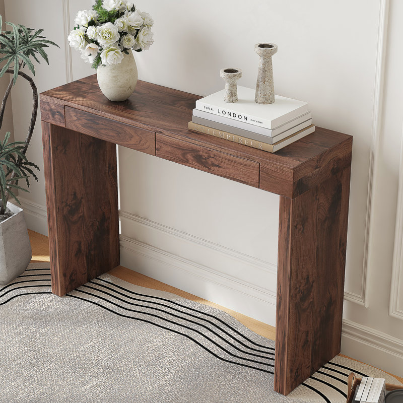 Élégante table de bar en bois de noyer naturel avec tiroirs doubles, idéale pour une décoration moderne et une utilisation multifonctionnelle