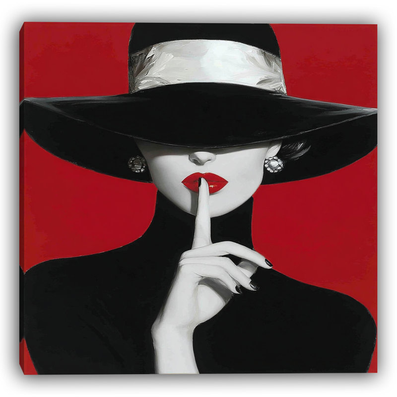 «Silence in Red III - Red Lips and Hat», art sur toile moderne, H 40 po x l 40 po