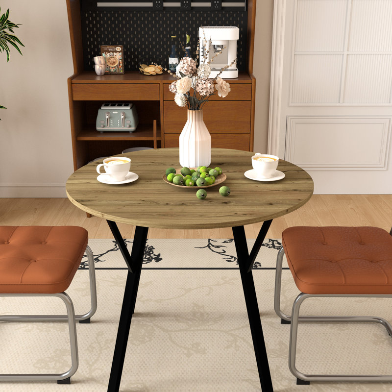 Table de salle à manger ronde de 34,6 pouces, pieds en métal noir, plateau brun, plateau moderne pour 2 à 4 convives, compacte