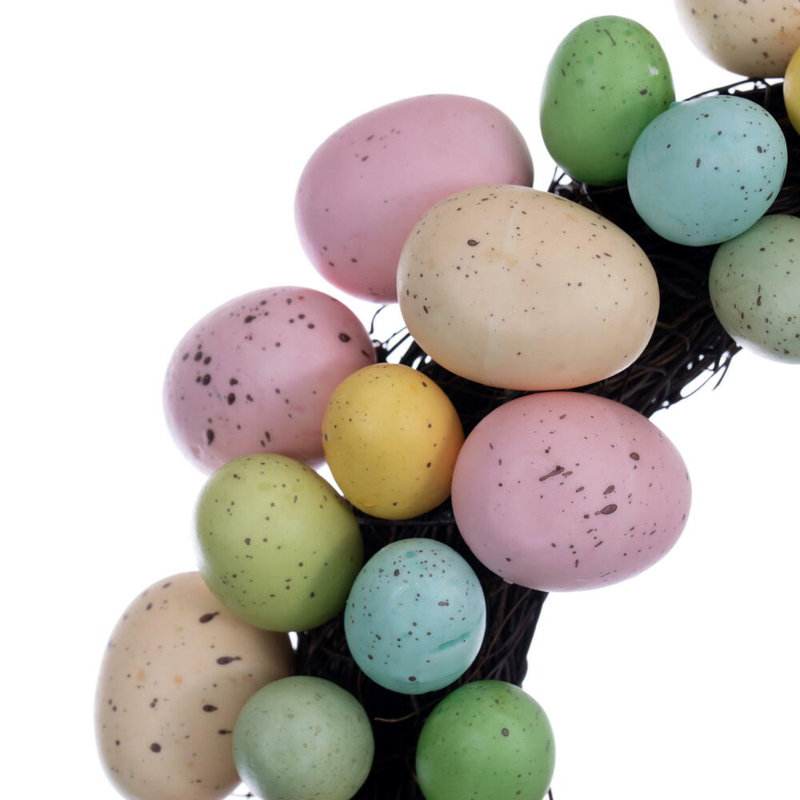 13" Artificial Pastel Easter Egg Wreath on a grapevine base.