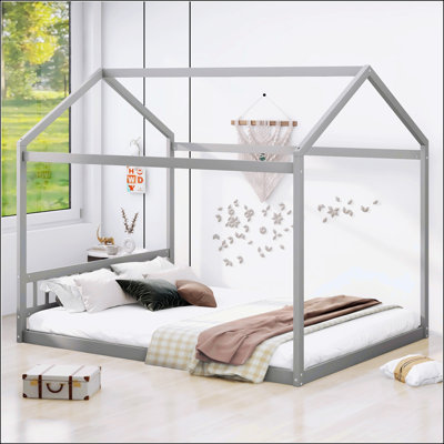 Search-Optimized Keyword Title Queen Size House-Shaped Floor Bed for Kids, Low-to-Ground Wooden Platform Bed with Gable Roof Frame, Sturdy Pine Wood & MDF Bed Frame, Easy Assembly & Easy Clean Toddler Safety Bed