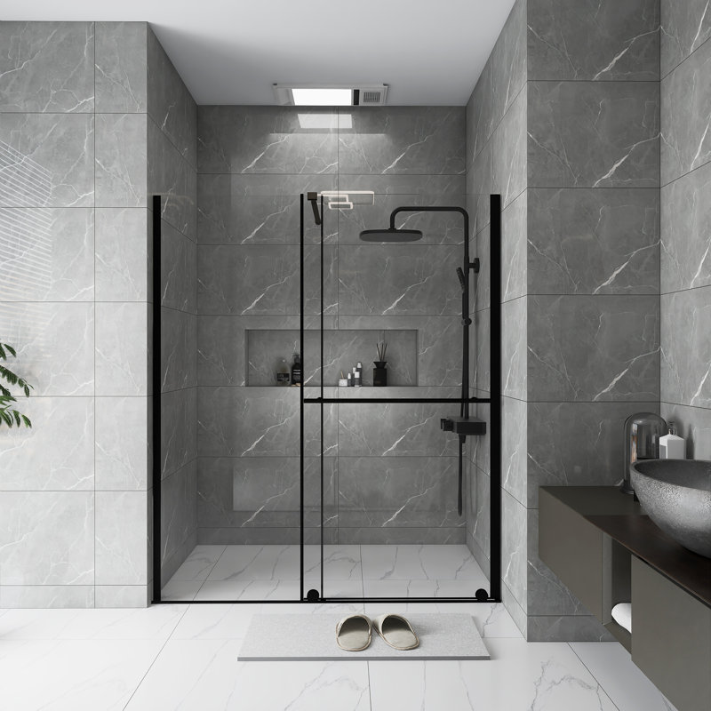 30 - 60 In.W X 72 In.H Glass Shower Door | Shower Sliding Door | Walk-In Shower Screen | Dual-Purpose | Reversible Installation | 1/4 Inch Thick Glass Panel | Equipped With Stainless Steel Handle And Supporting Bar | Black