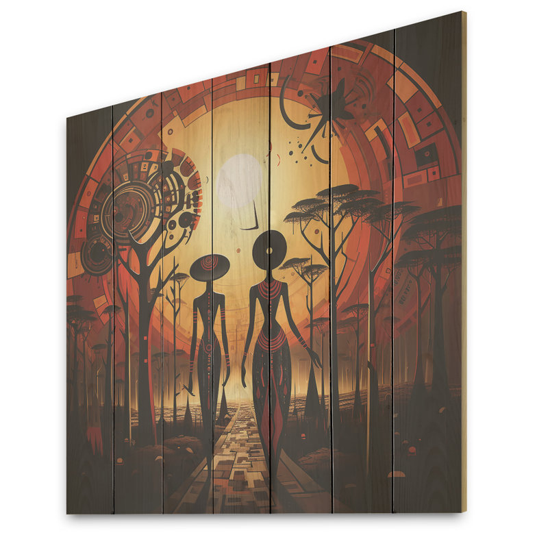Femme jaune et rouge avec paysage africain - impression sur bois, H 15 po x l 15 po