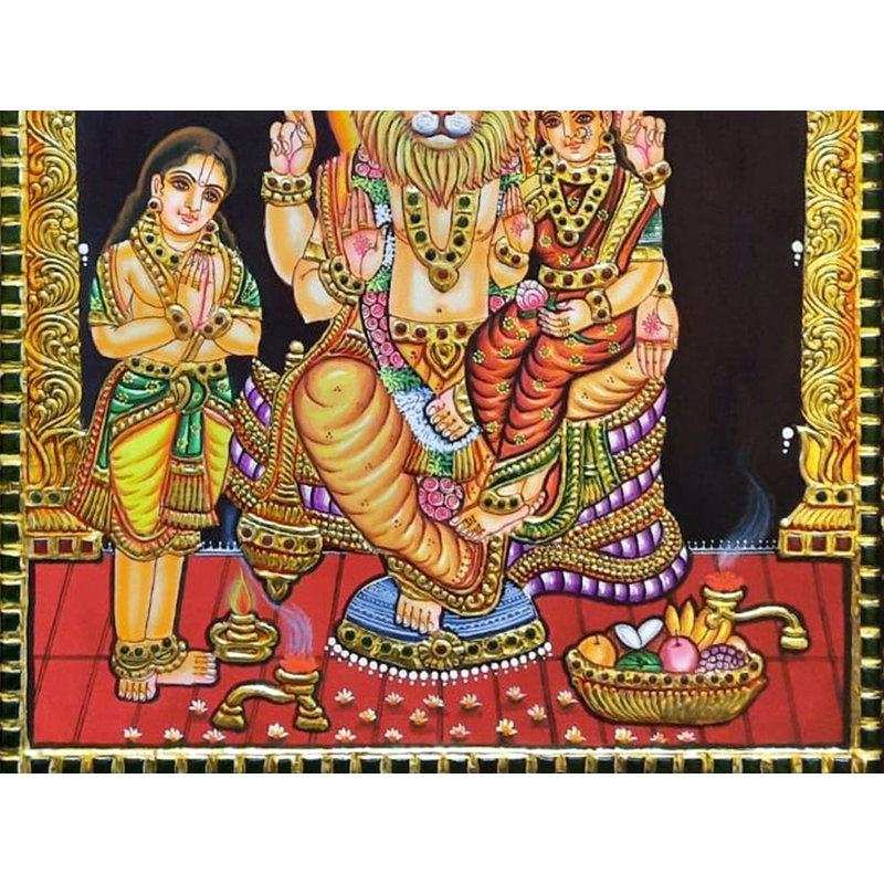 Lakshmi - Narasimha avec Bhakta Prahalad | Avec cadre | Peinture Prabhu Tanjore