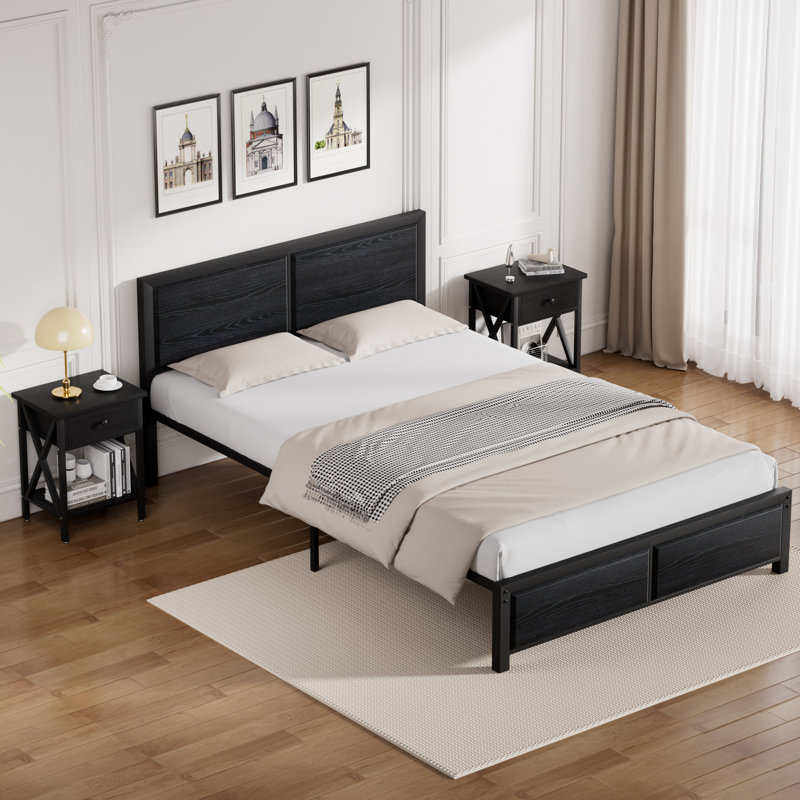 Kempst 3 Piece Full Size Bedroom Set, Modern Wood Platform Bed Frame and Nightstand Set, Farmhouse Industrial Bedroom Furniture Set in Black, No Box Spring Needed