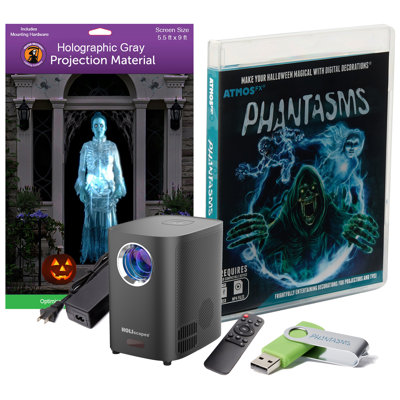 HoliScapes® USB Projector Kit - AtmosFx Phantasms on USB + Projector + 5.5' x 9' Large Gray Holographic Screen