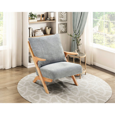 Gray Chenille Upholstered, Mid - Century Modern, Accent Chair, Naturally Finished, Solid Wood Frame, Wrapped Cushion, Reversible Back, Removable Back Cover, 300lb Weight Support, Primary Living Space