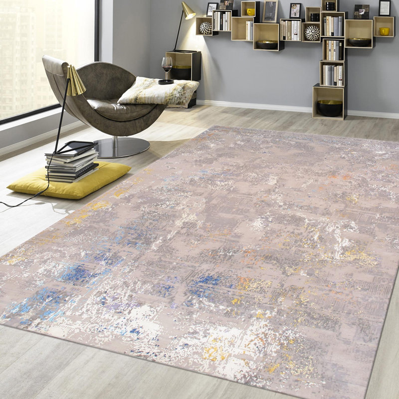 Tapis en soie noué à la main / gris / beige / bleu / jaune Abstract