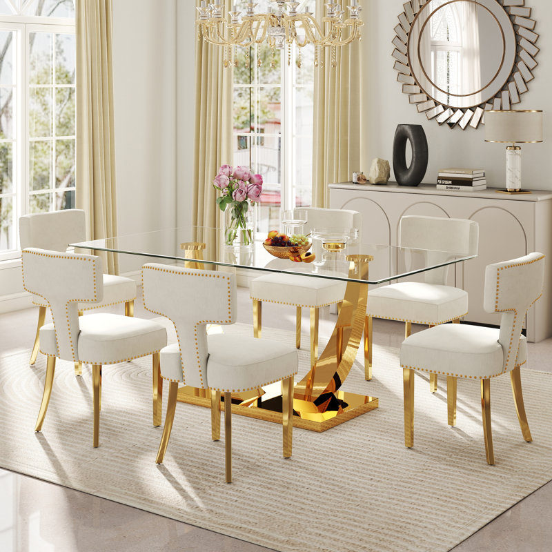 Modern Rectangle Pedestal Dining Set with Chenille Dininig Chair, 7, Beige/Gold, Gold