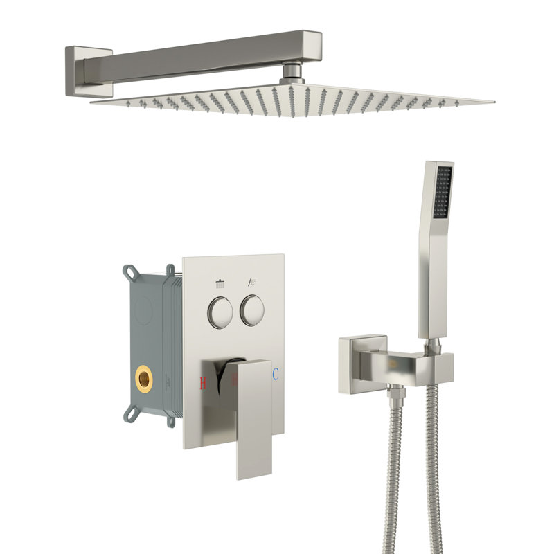 10 Inch Square Shower With Dual - Brushed Nickel, Valve, Rainfall And Handheld Shower, Easy Fit System Head &, Brushed Nickel