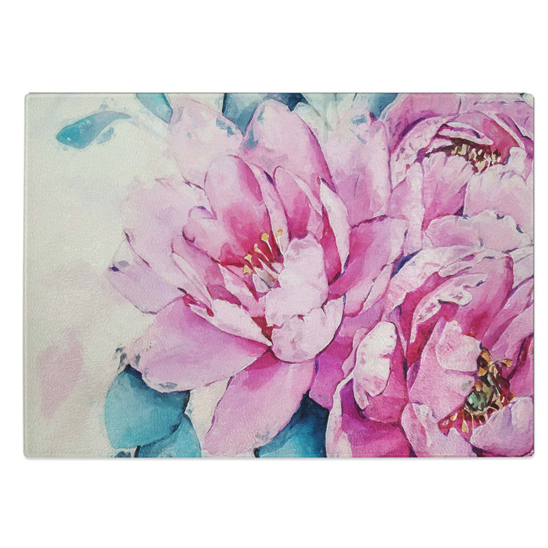 Tempered Glass Watercolour Pink Peonies in Abstract Chopping Board, 39 cm W x 28.5 cm L