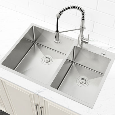 Modern 33"x19" Double Bowl Sink - Stainless Steel, Overmount, Easy Finish Steel With Advanced Sound Absorbing Technology