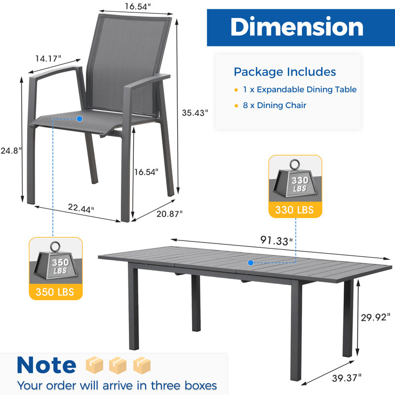 Ensemble de salle à manger de jardin Calliana avec table de salle à manger extensible et chaises empilables entièrement assemblées