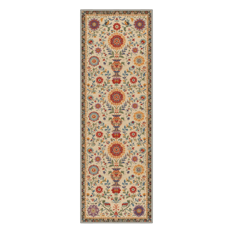 Astraea Vintage Machine Washable Beige Indoor Area Rug with Non-Slip Backing, Runner 2'3" x 6'