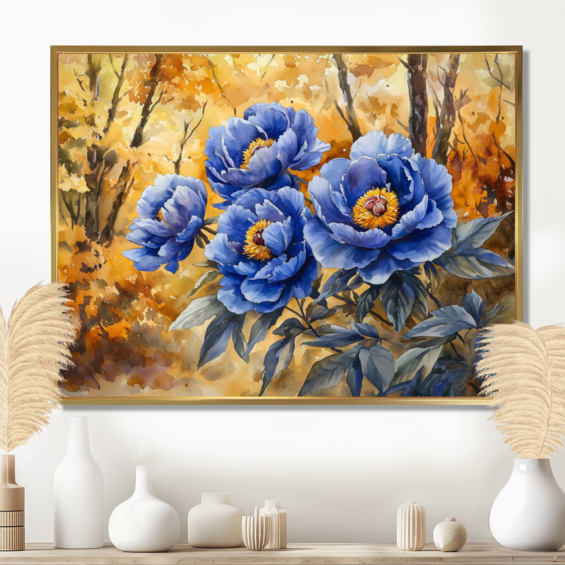 Pivoines bleues dans le verger - pivoines, art mural, H 12 po x l 20 po, Cadre flottant doré