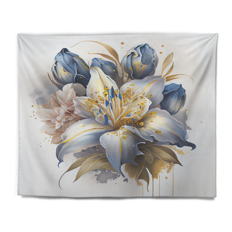 Gold And Blue Lily Bouquet III Polyester Tapestry, 50" H x 60" W